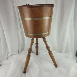 1970s Oak and Brass Vintage 3 Legged Firkin YARN Holder-Dispenser Table
